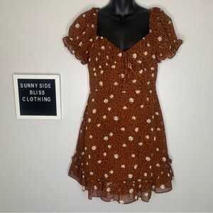 B Smart Brown Floral Puff Sleeve V Neck Mini Dress Cottagecore Size 8